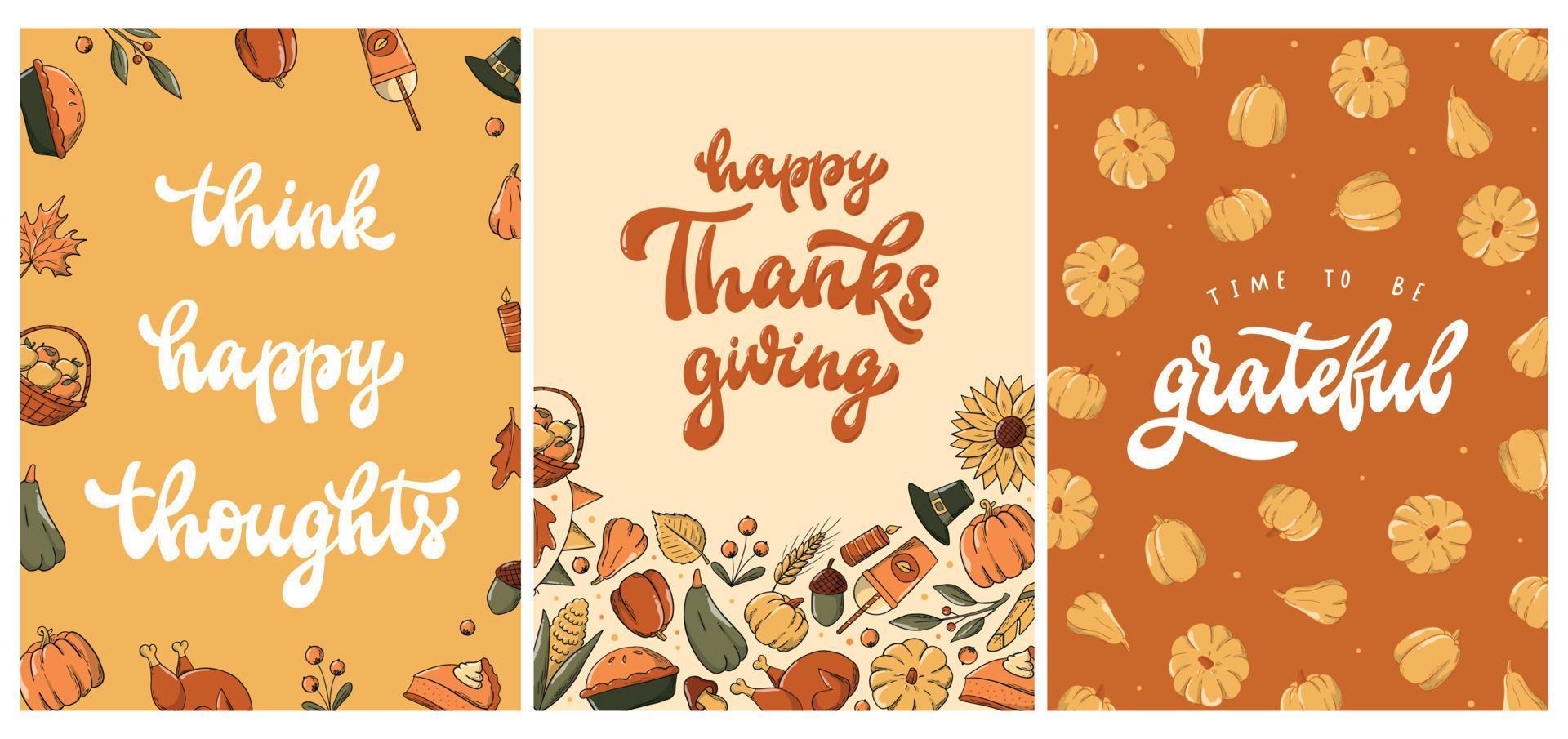set of Thanksgiving cards, posters, prints, invitations decorated with doodles and lettering quotes. EPS 10 vector