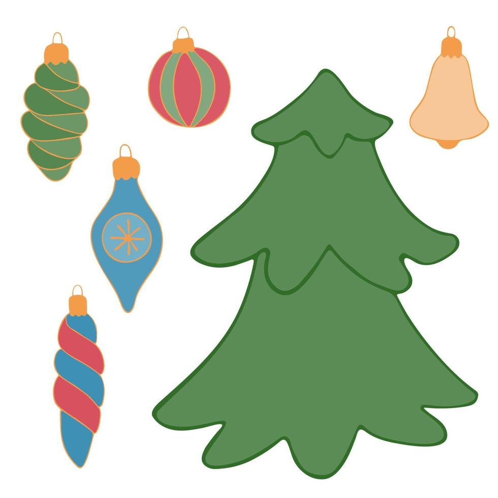 Vector drawing of a Christmas tree and Christmas tree toys in the doodle style on a white background.