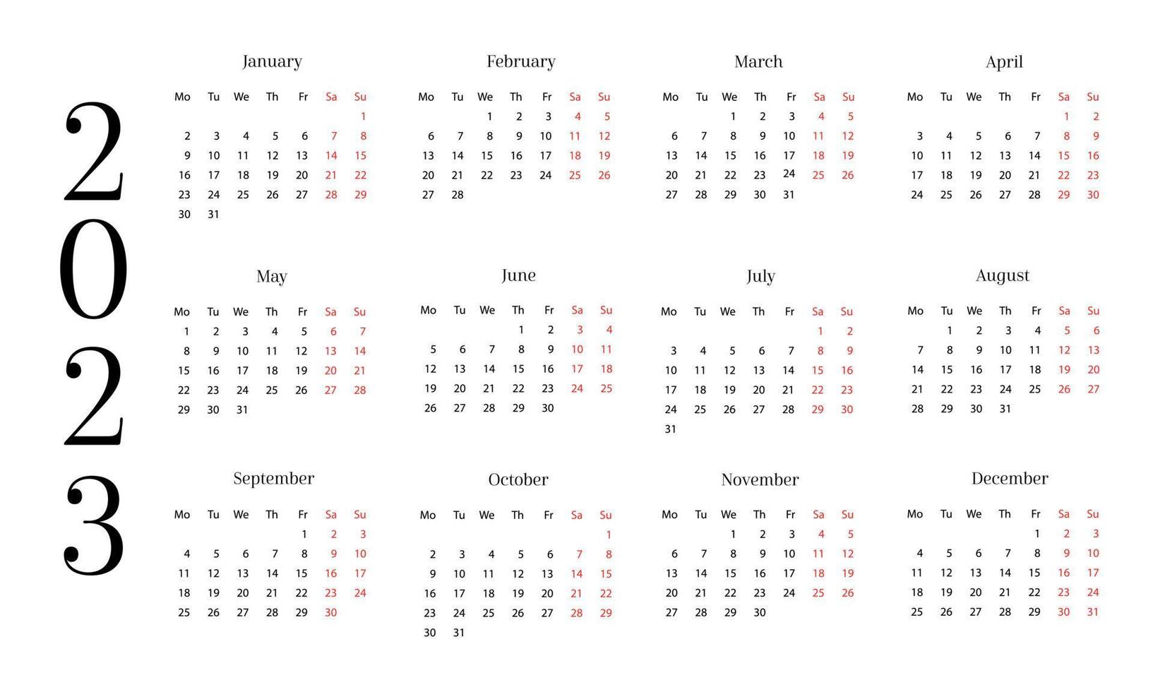 classic 2023 calendar on white background. Vector illustration