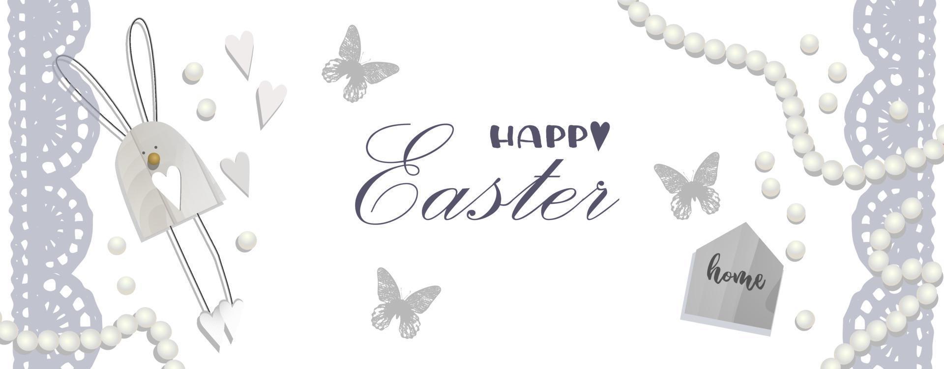 Cute Happy Easter patterns with colic, flowers, beads, and typographic design. Suitable for spring and easter cards and invitations. Vector illustration. White tender banner or advertising poster