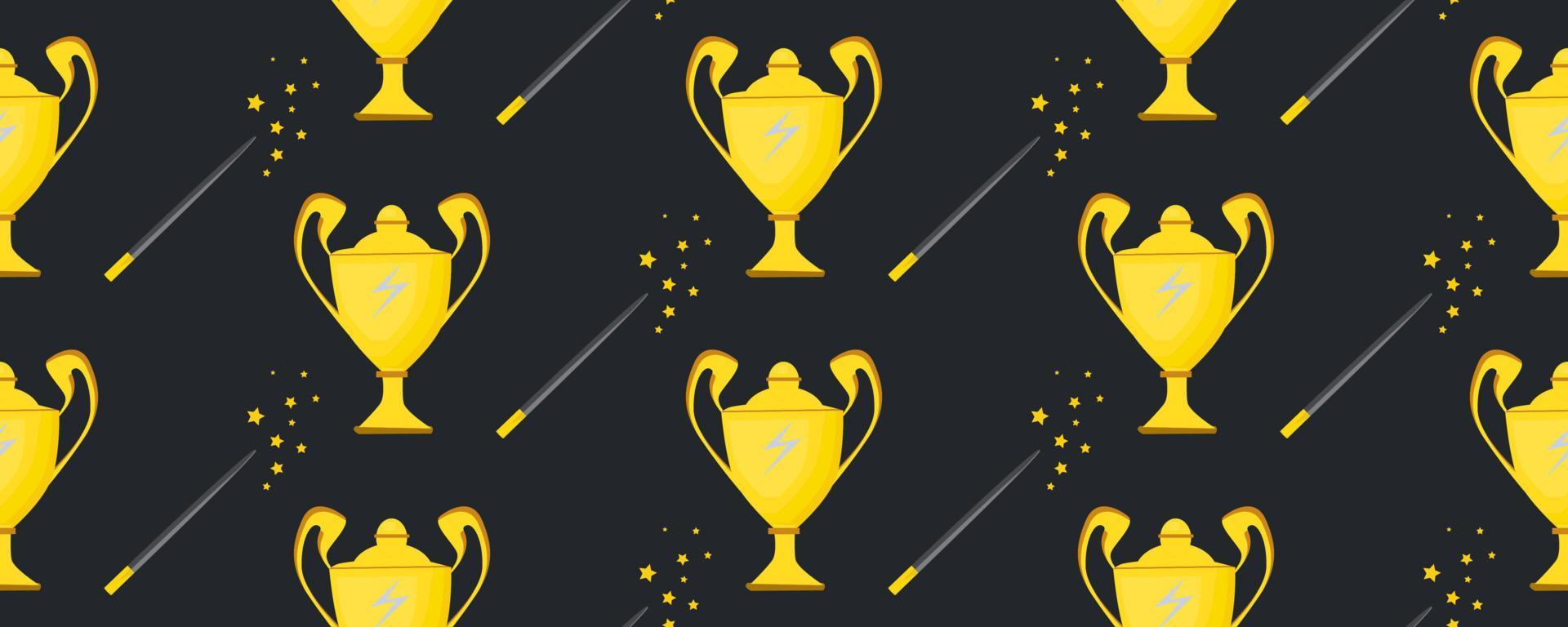 copa ganadora. patrón sin costuras fondo con un jarrón dorado. premio deportivo el cuenco mágico. varita mágica. vector