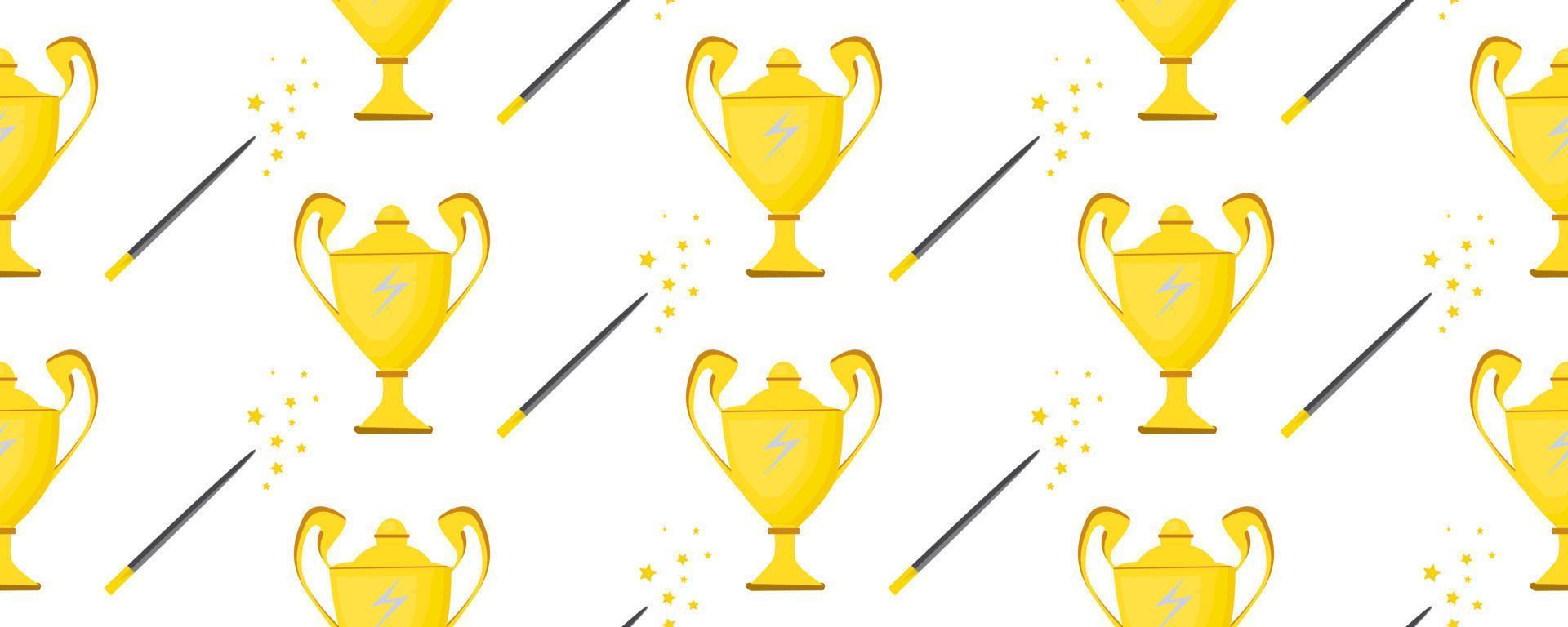 Seameless vector pattern for teenage textiles. Ideal for the design of notebooks, wrapping paper, fabric. Champion cup. Prize winner. Magic tools.