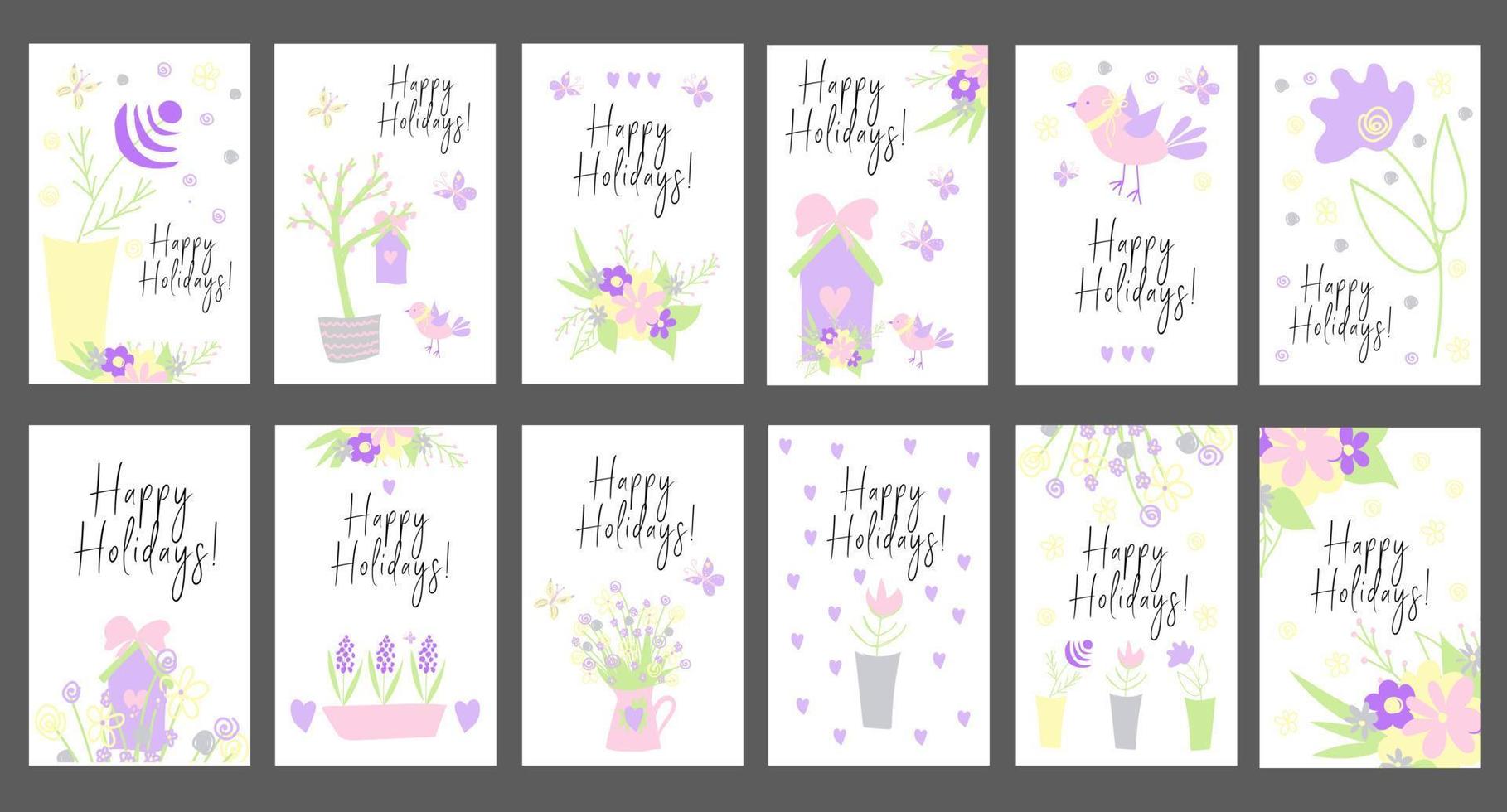 conjunto de tarjetas brillantes. felices vacaciones. estilo infantil ilustraciones simples. lindos personajes kawaii. flores de primavera y pancartas. colección de pájaros, pajareras, flores. suministros de jardín. vector