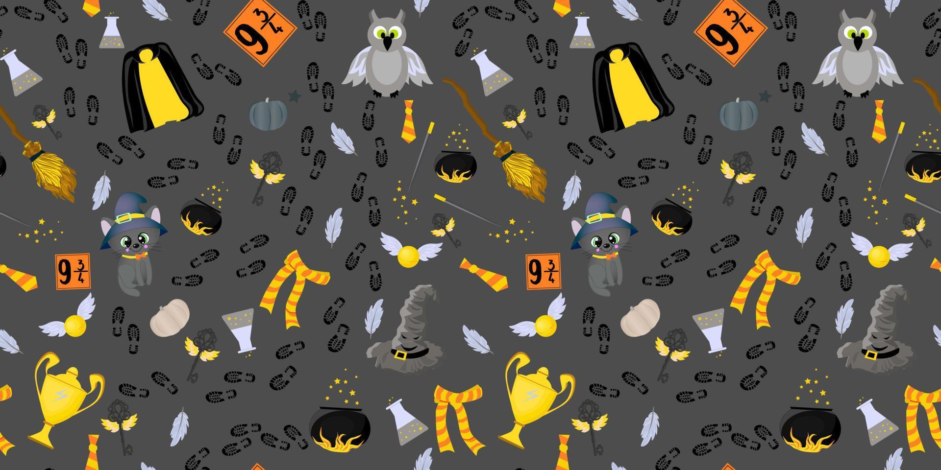 Seamless pattern. Magical items. Mantle of invisibility, talking hat and magic wand. Cauldron for magic potion, a broom for flights. Witchcraft and magic. Fantasy world. vector