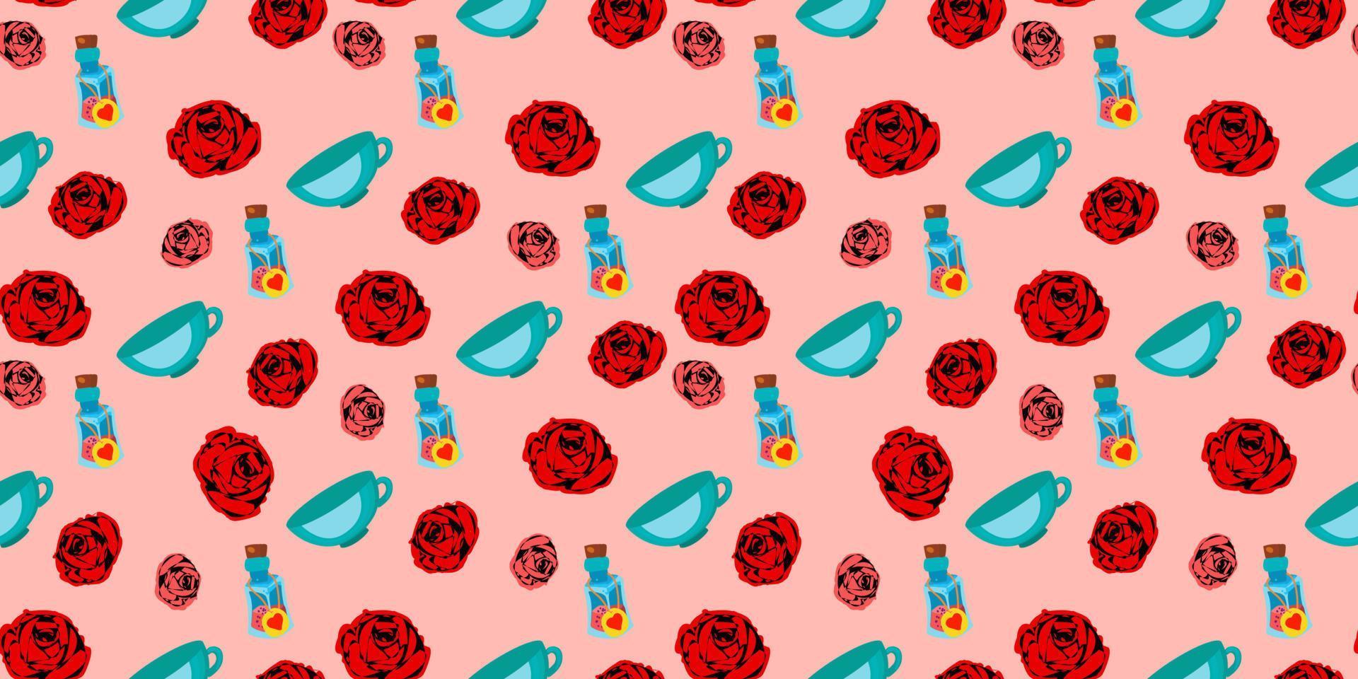 playing cards seamless pattern. Red rose on a pink background.. vector