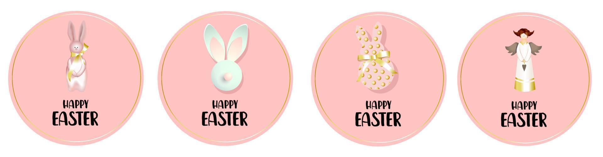 Easter round badges. Stickers, logo. Happy easter Bunny rabbit, angel and golden ribbons. Pink background. Tags for gifts. vector