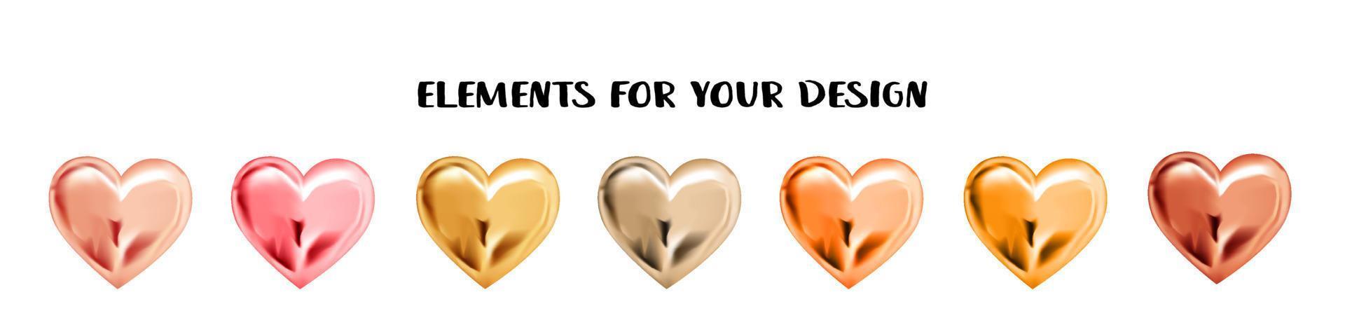 Set of metal hearts isolated on a white background. Elements for design. Horizontal banner for Valentine's Day. Golden heart. vector