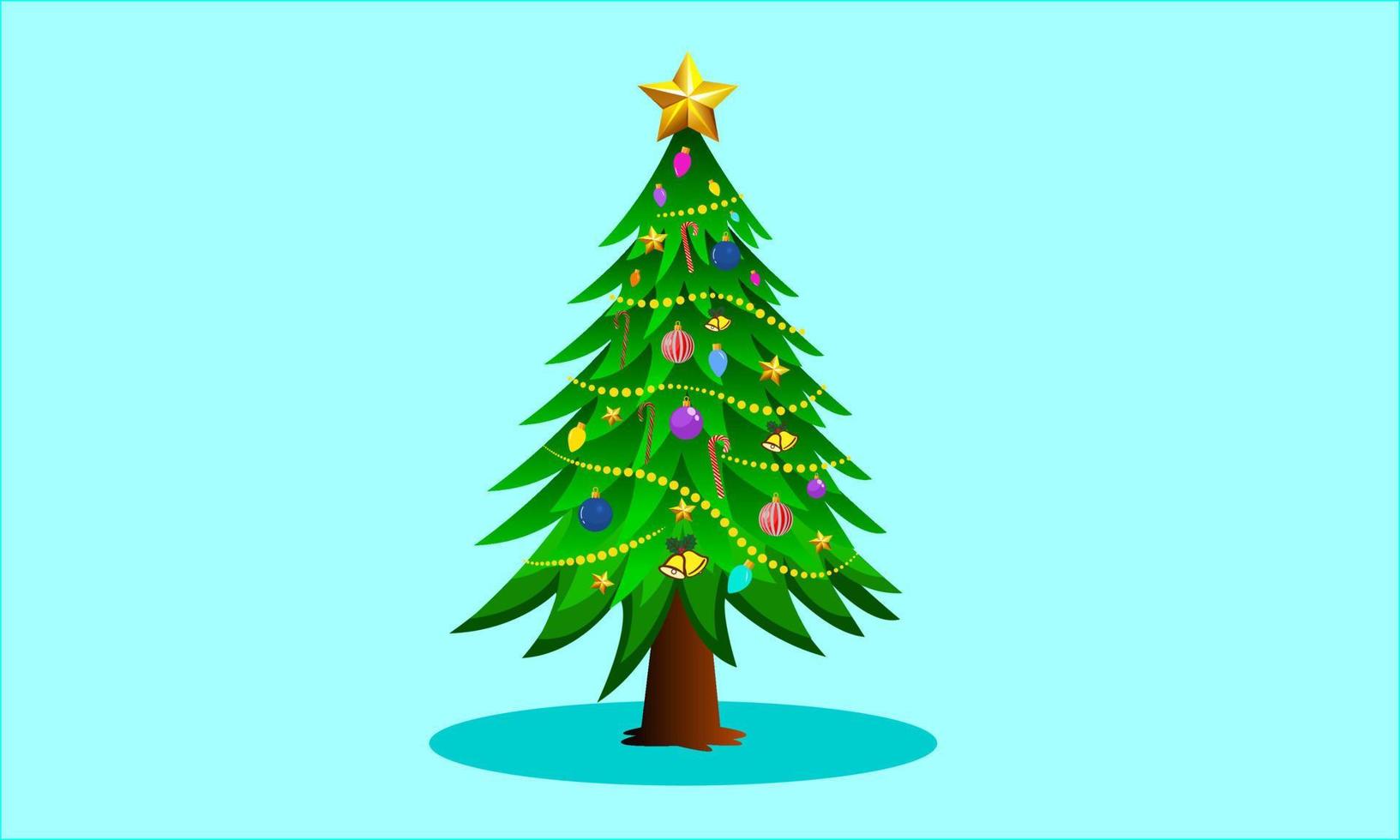 Christmas and New Year pines with festive decorations including golden stars, baubles, holly ribbons bell, light bulbs, candy cane, string lights festival vector template.