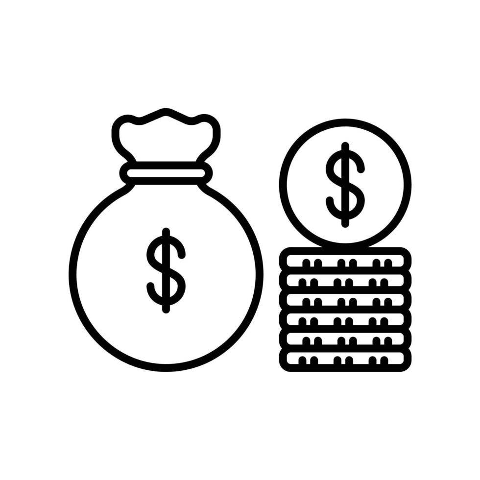 icono de bolsa de dinero con monedas de dólar en estilo de contorno negro vector