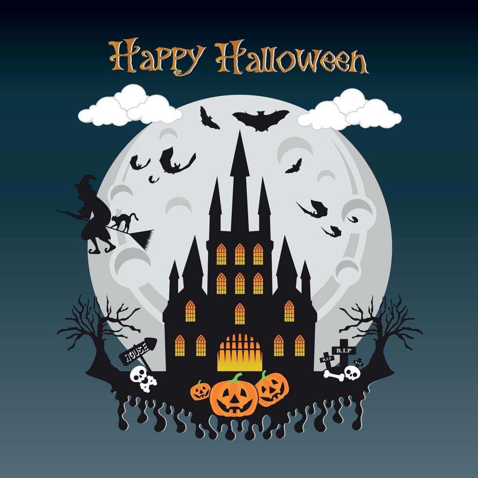 Halloween pumpkins head and haunted house castle bat spooky trees witch with full moonlight shadow vector