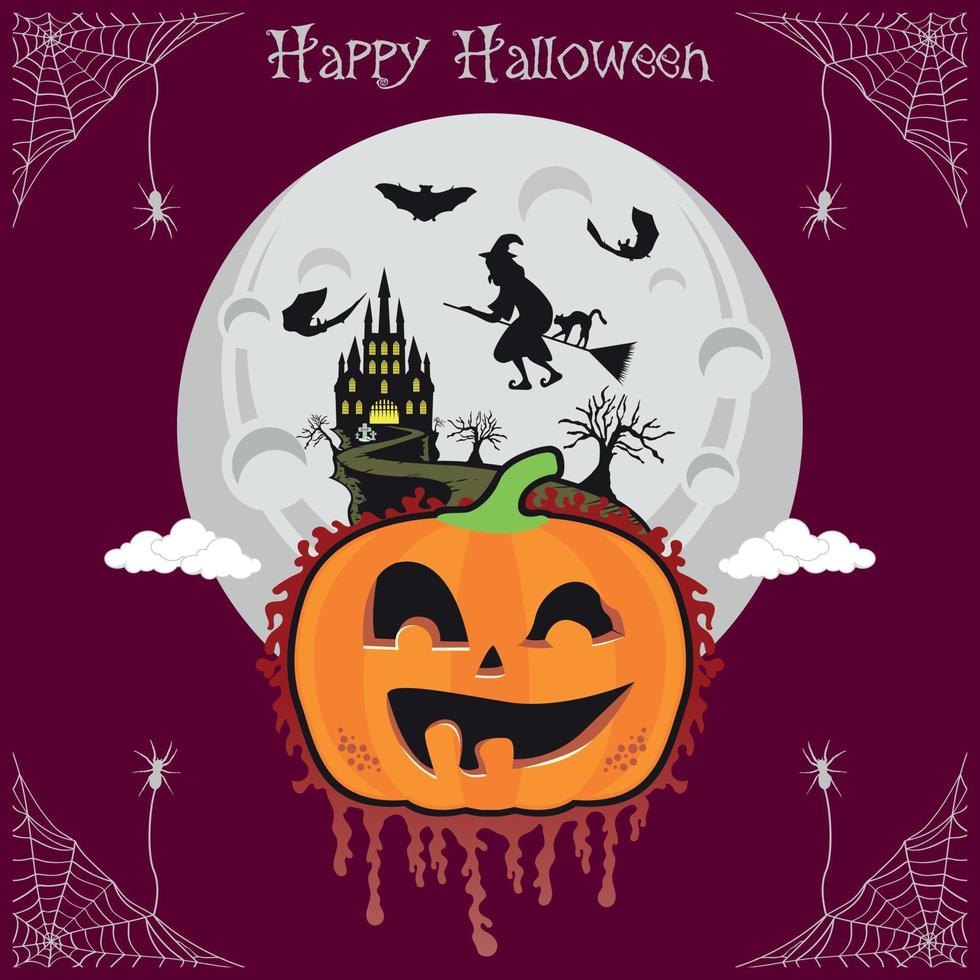 Halloween pumpkins head and haunted house castle bat spooky trees witch with full moonlight shadow vector