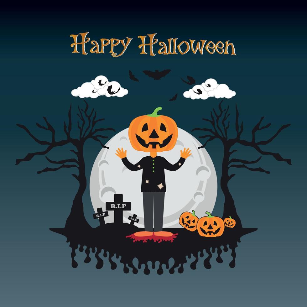 halloween lindo calabazas cabeza personaje murciélago árboles espeluznantes con ilustración de sombra de luna llena vector