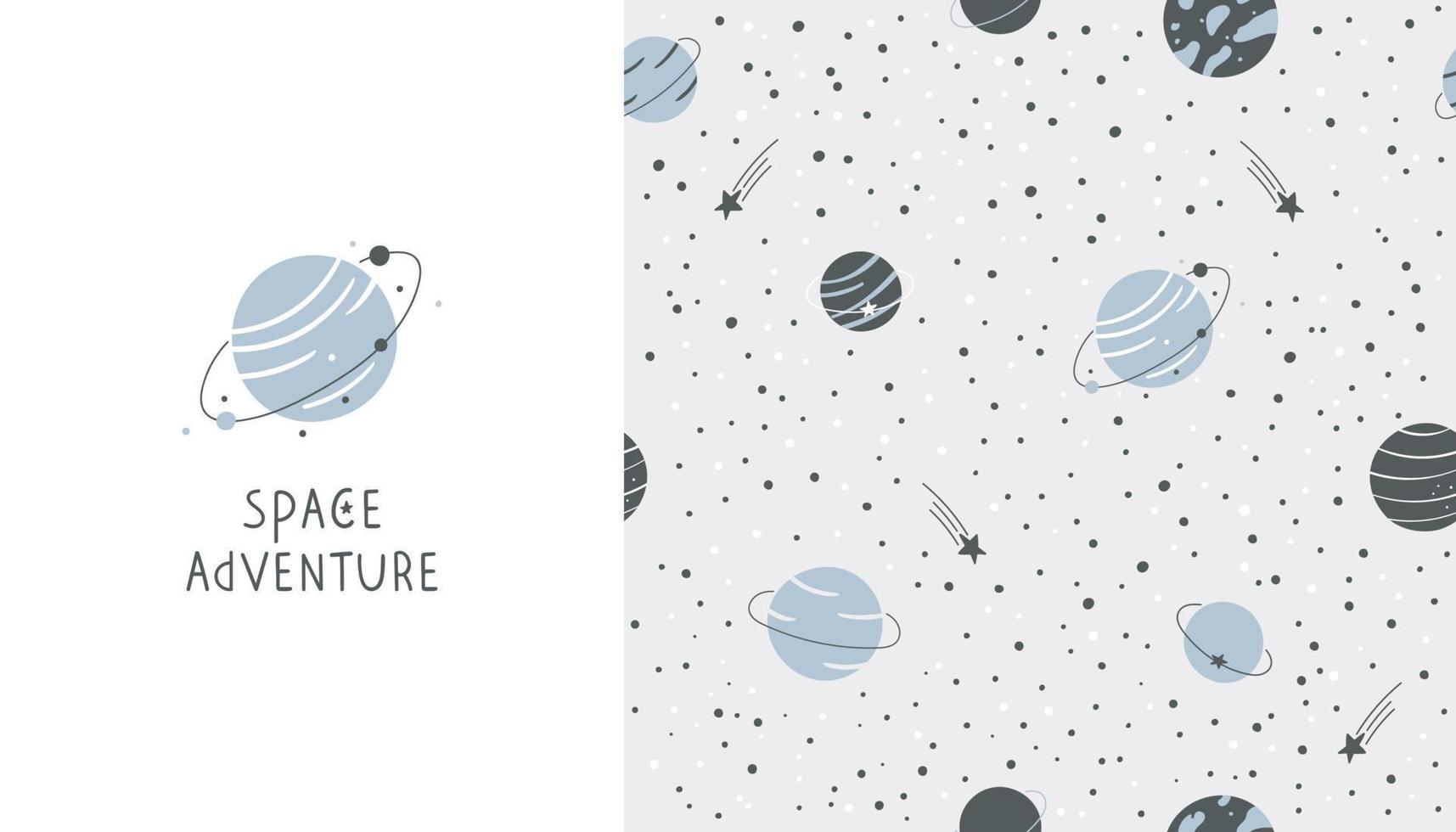 Seamless pattern with hand drawn planets and stars. Cosmic vector illustration