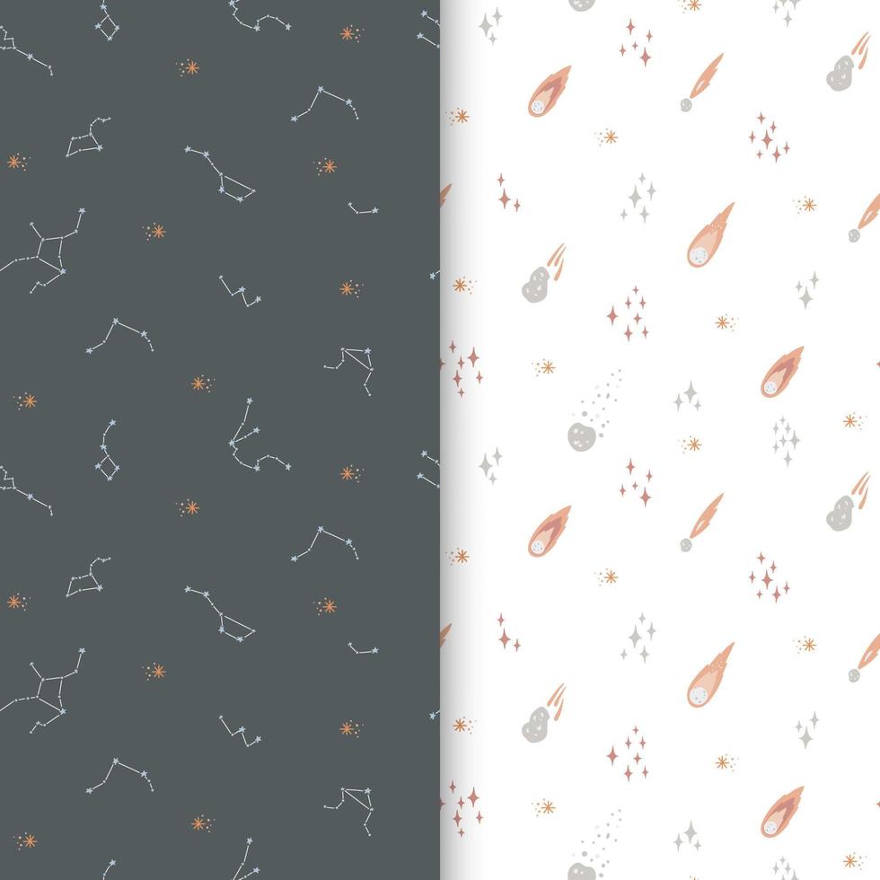 Set of two vector space seamless patterns. Costellations, stars and asteroids. Elegant cosmic design