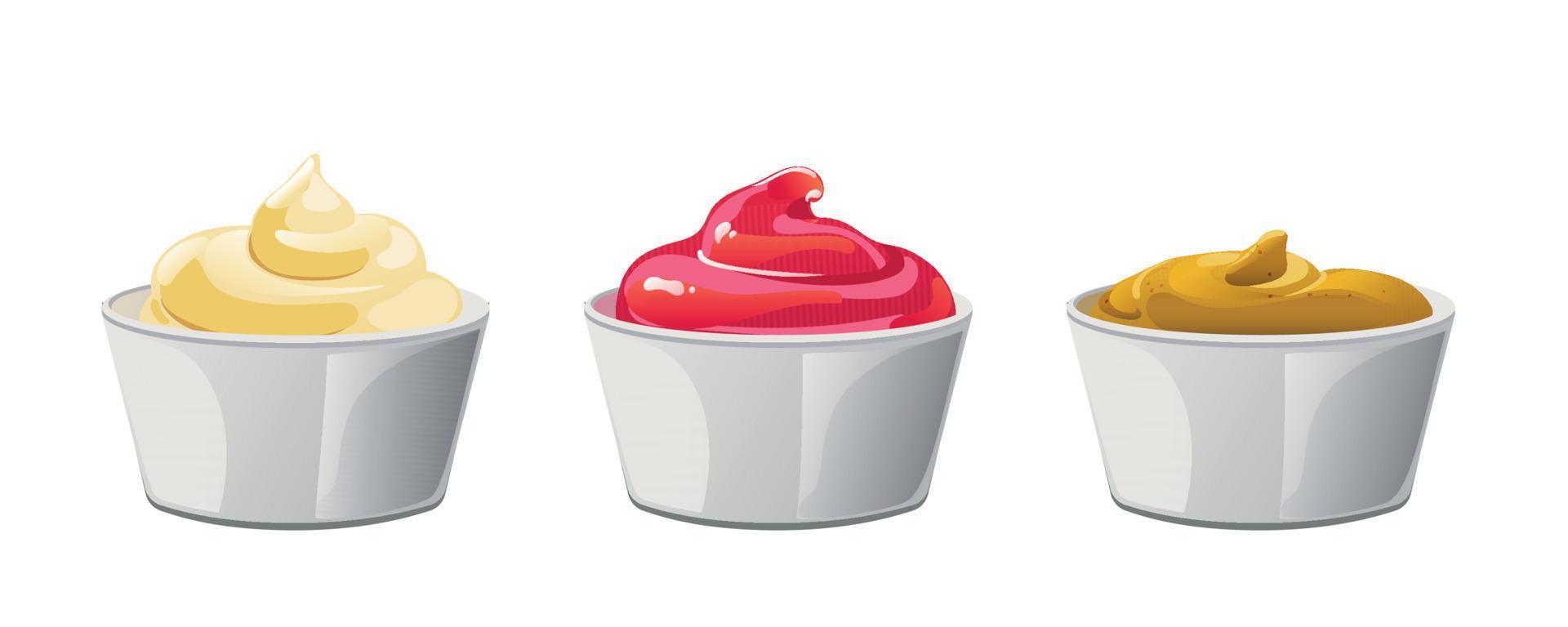 Ketchup, mayonnaise, mustard sauces set. Realistic vector illustration isolated on white background.