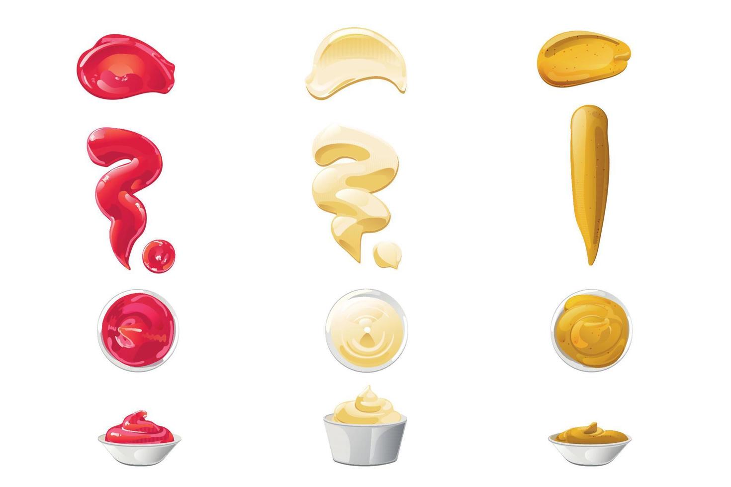 Ketchup, mayonnaise, mustard sauces set. Realistic vector illustration isolated on white background.