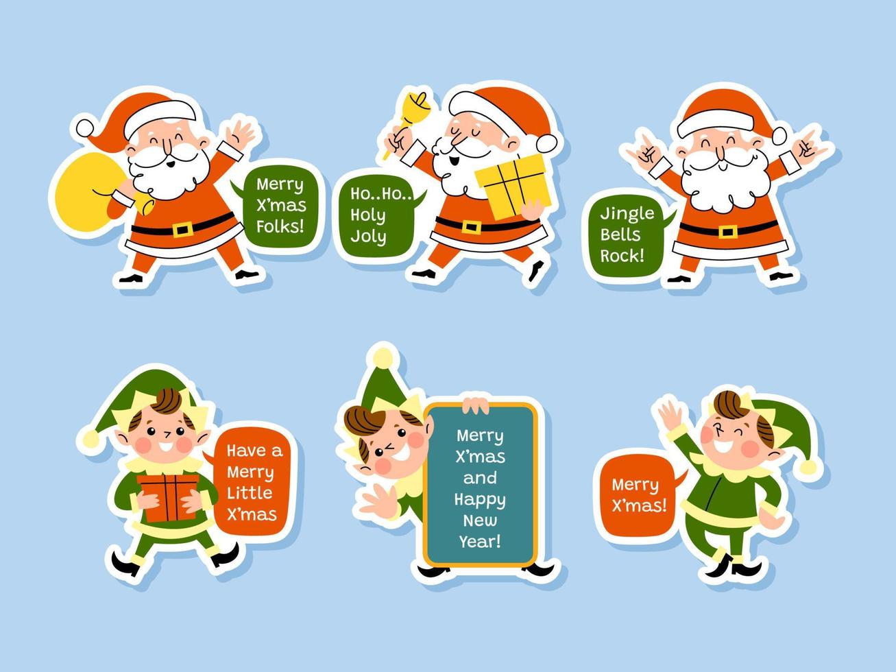 set de pegatinas de santa claus y sus ayudantes vector