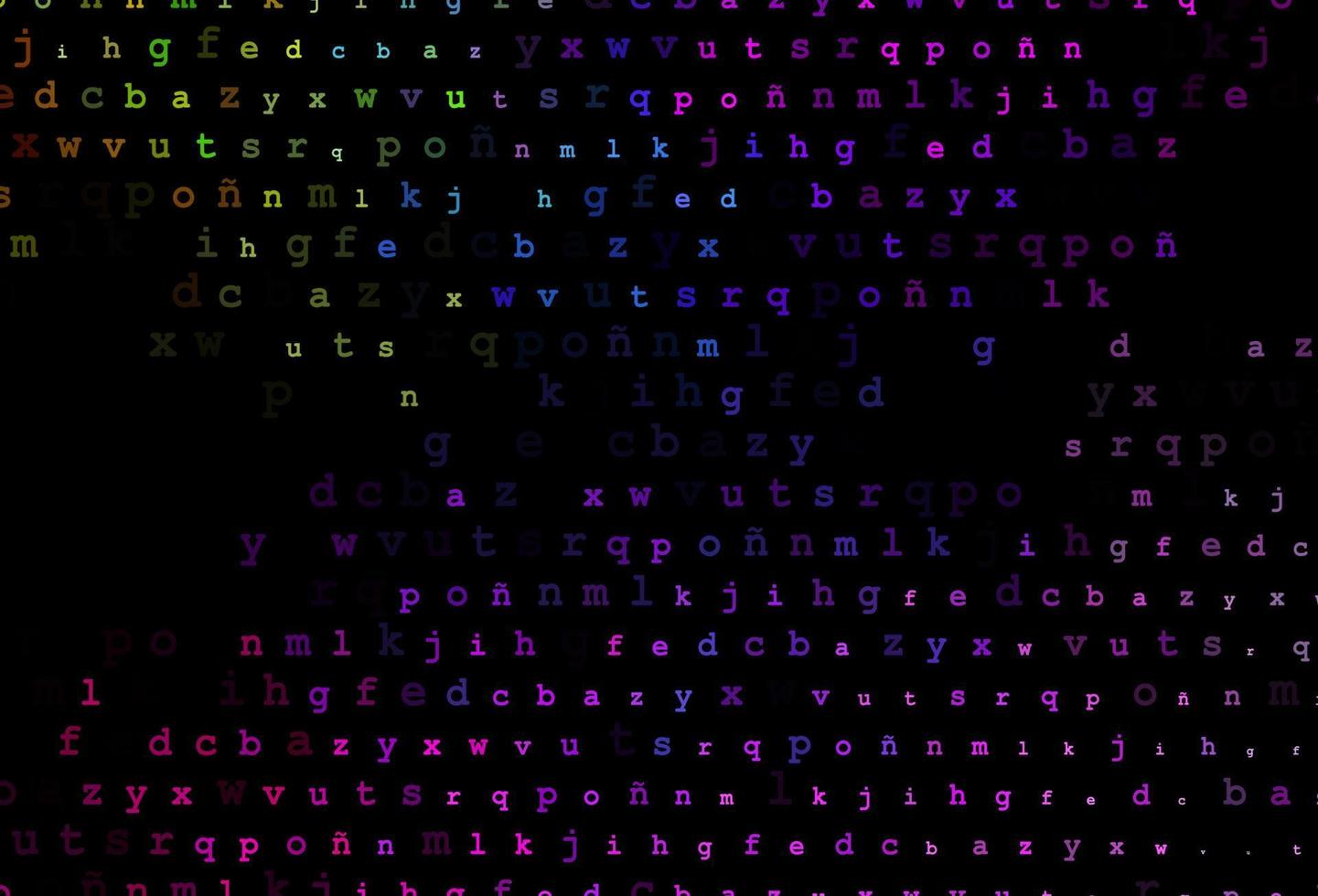 multicolor oscuro, textura de vector de arco iris con caracteres abc.