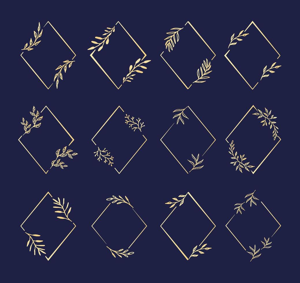 Collection of golden diamond-shaped frames with branches and leaves vector
