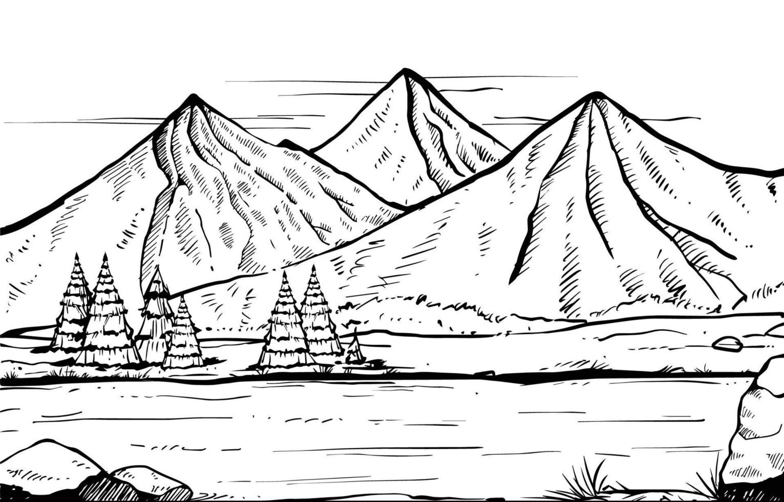 paisaje de montaña dibujado a mano en estilo boceto vector