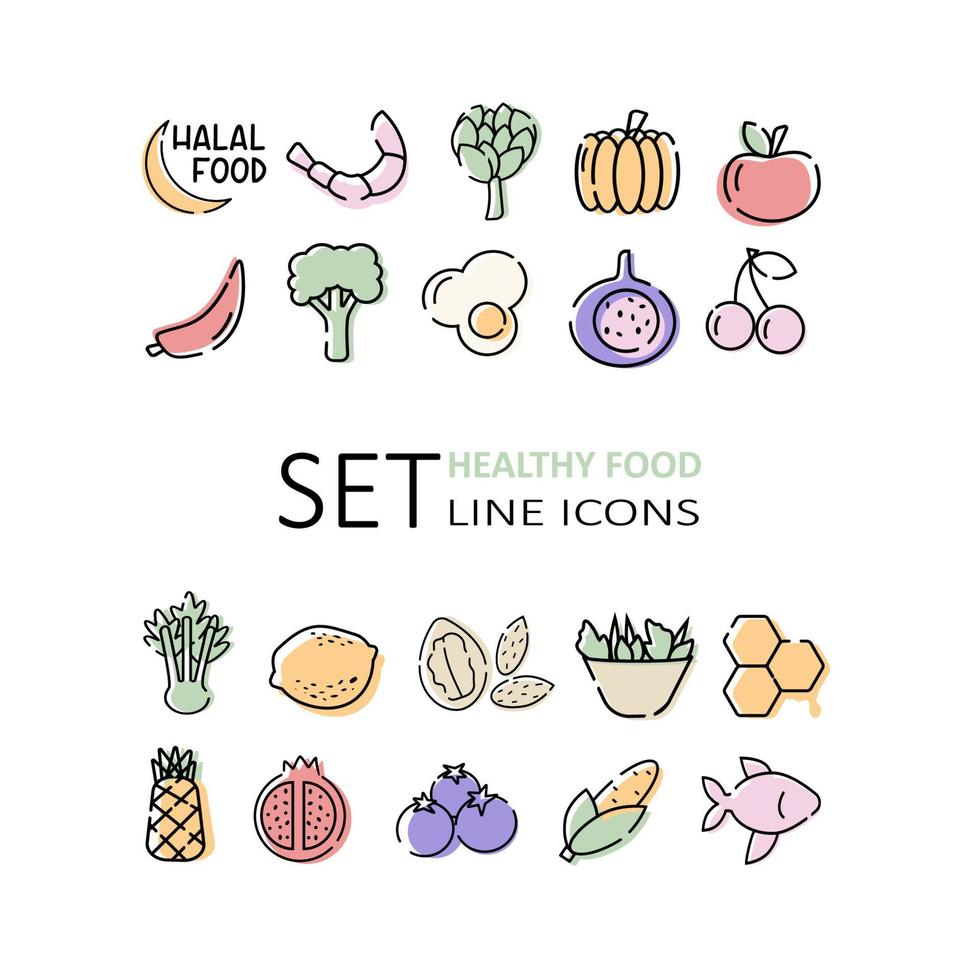 conjunto de iconos de alimentos dibujados a mano: verduras, frutas, huevos, pescado, cereza, comida halal, nueces, ensalada. vector