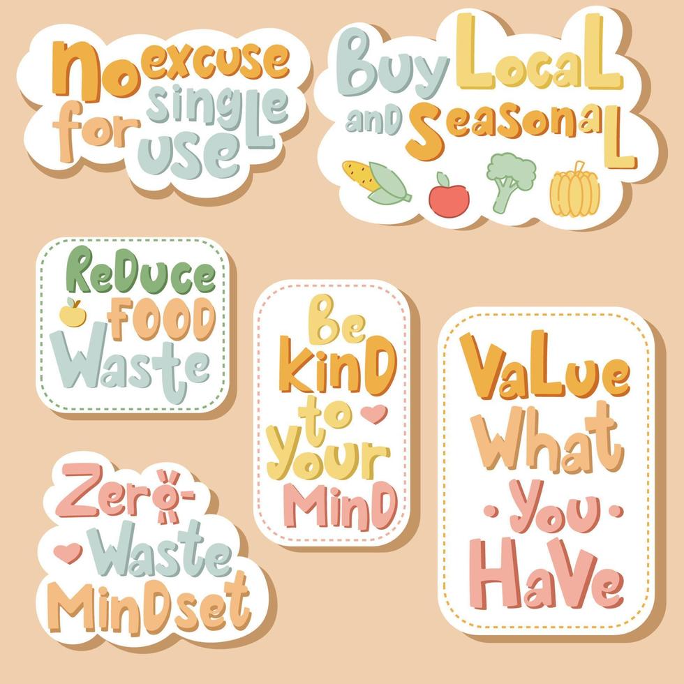 conjunto de frases escritas a mano sobre atención plena, desperdicio cero, comida local y de temporada en colores pastel. vector