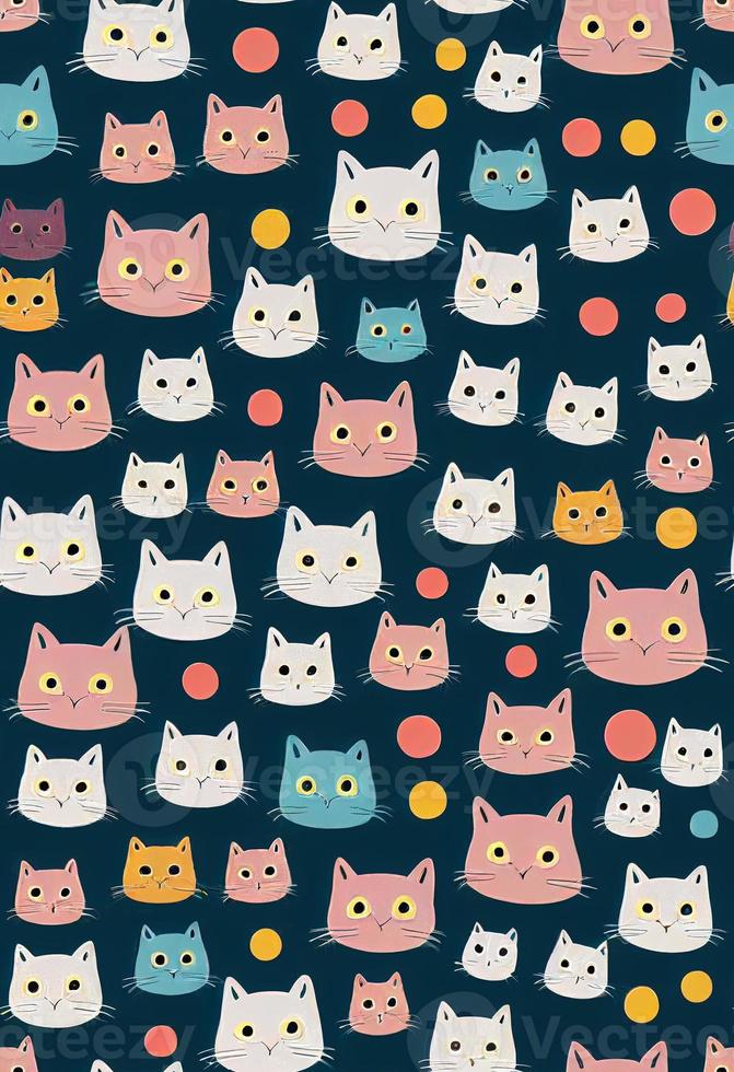 Seamless pattern of cute colorful cats on a navy blue background photo