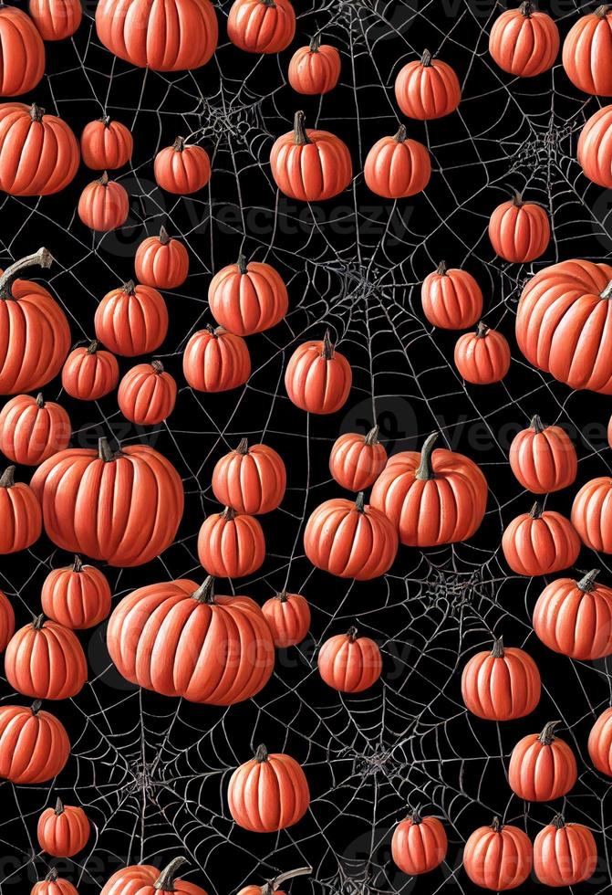 seamless pattern of spider webs and pumpkins, halloween background, 3d illustration. photo