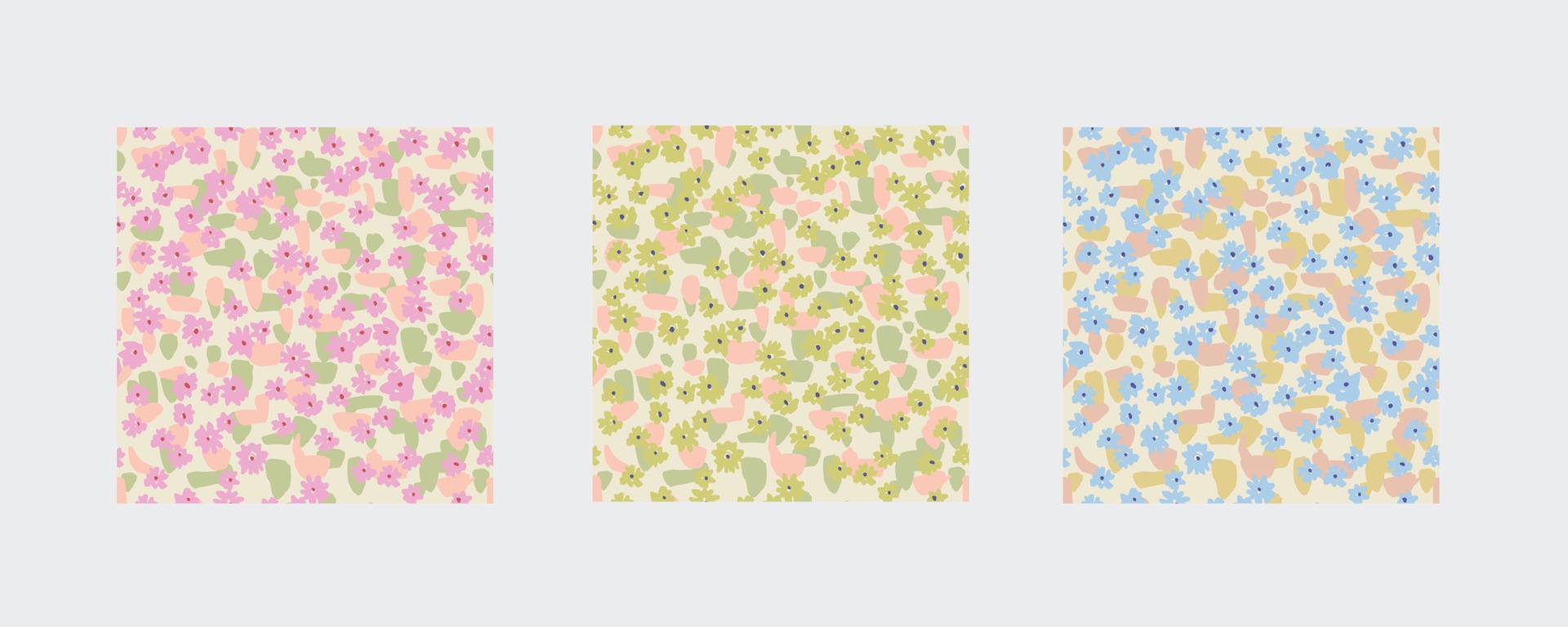 Vector small ditsy flower illustration seamless repeat pattern 3 color ways set