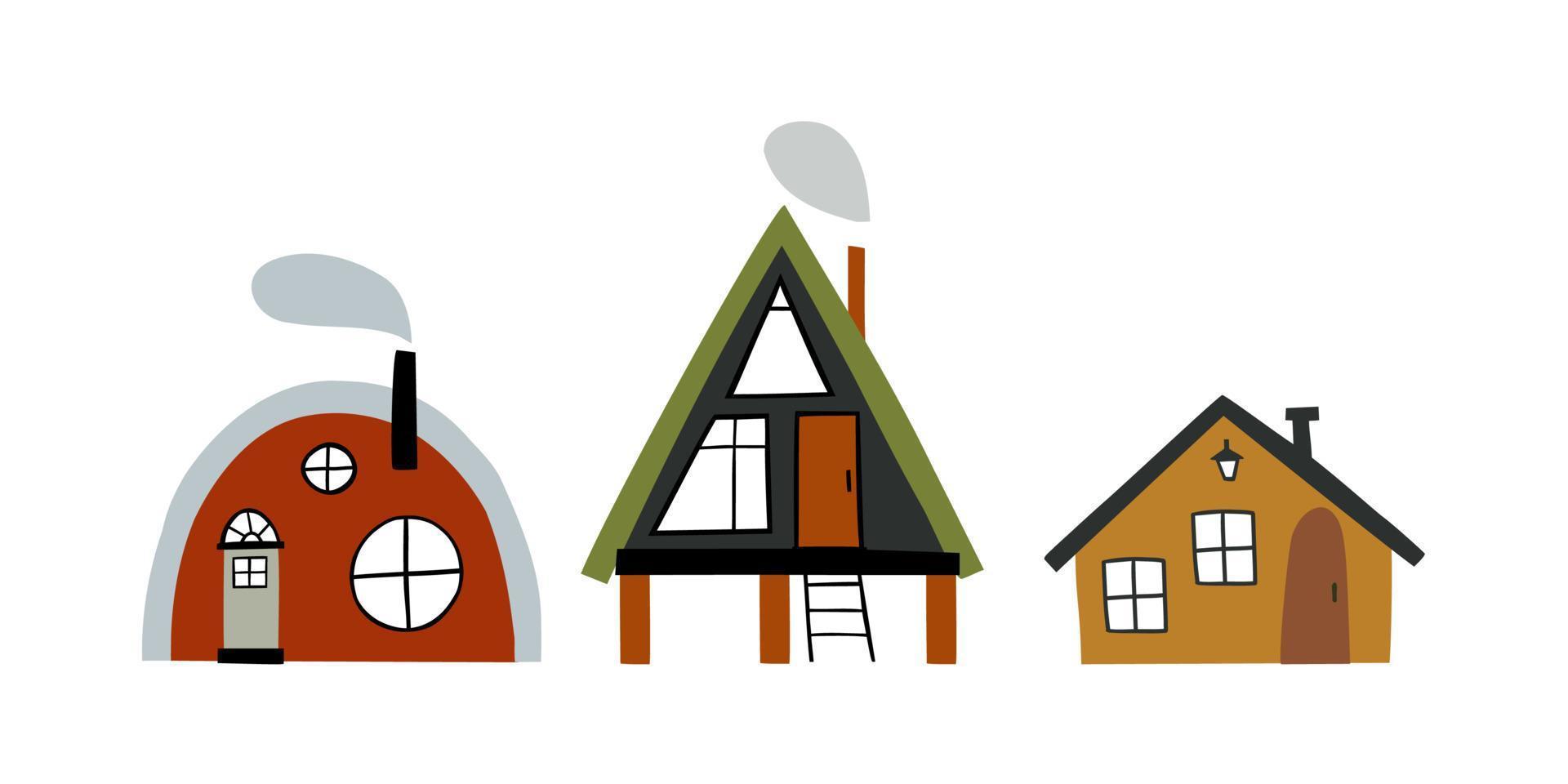 set of hand drawn houses in flat style. vector illustration.