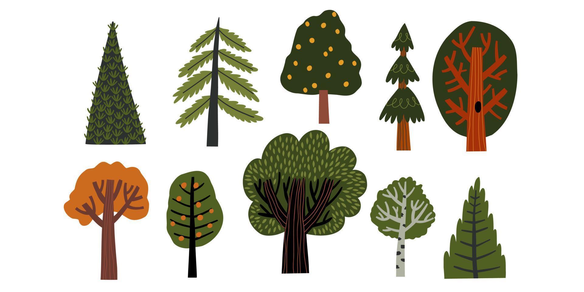 set of hand drawn trees in flat style. vector illustration