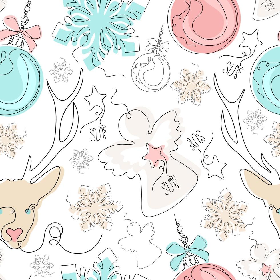 Line art Seamless Christmas Pattern. Christmas tree Toys. Continuous one Line drawing. Vector illustration.