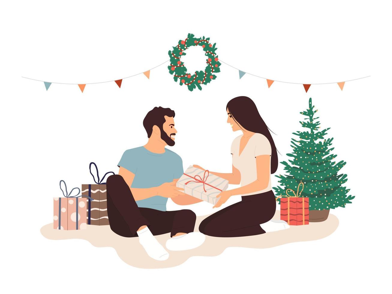 Beautiful woman surprising her husband with Christmas gift. Flat vector illustrations isolated on white background