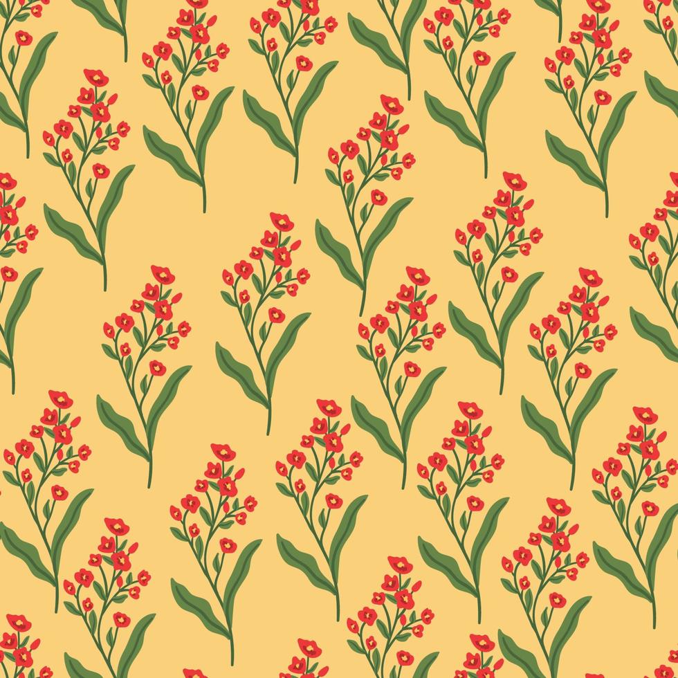 Red Wild flower vector seamless pattern. herb, herbaceous flowering plant, blooming branch texture. Hand drawn flat botanical illustration.