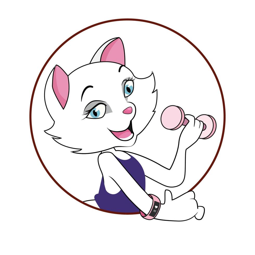 The cat is a young, athletic person who takes care of her health and figure. Handy pink dumbbells and a fancy watch on her arm. For the design of fitness services, equipment and smart watches vector