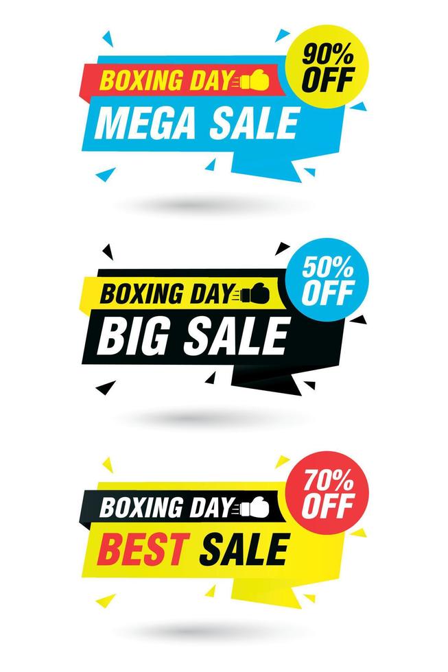 Boxing day origami sale labels set. Mega Sale 90, Big Sale 50, Best Sale 70 off discount vector