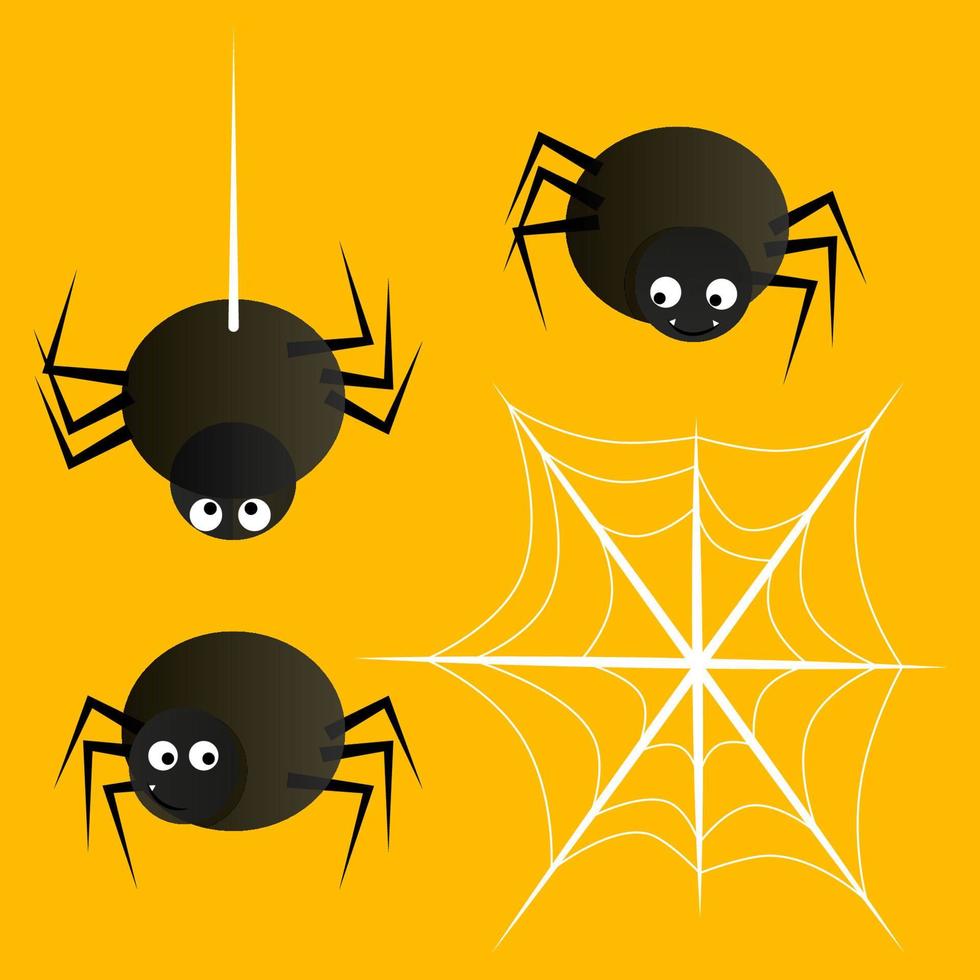 Set of black cute spiders and white cobwebs on an orange background for Halloween vector