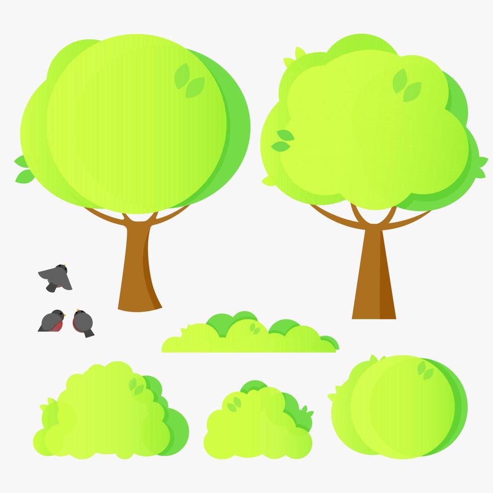 conjunto de árboles y arbustos de la ciudad verde con camachuelos vector