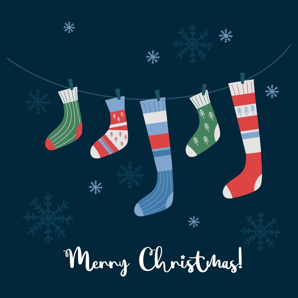 Merry Christmas greeting card. vector illustration. Winter theme postcard template with knitted decorative socks hanging on rope on blue background with snowflakes.