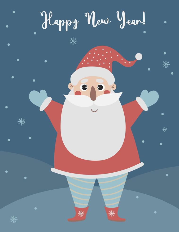 Christmas poster with cute character Santa Claus. Cartoon Father christmas on snowy background and text Happy New Year. Vector illustration.