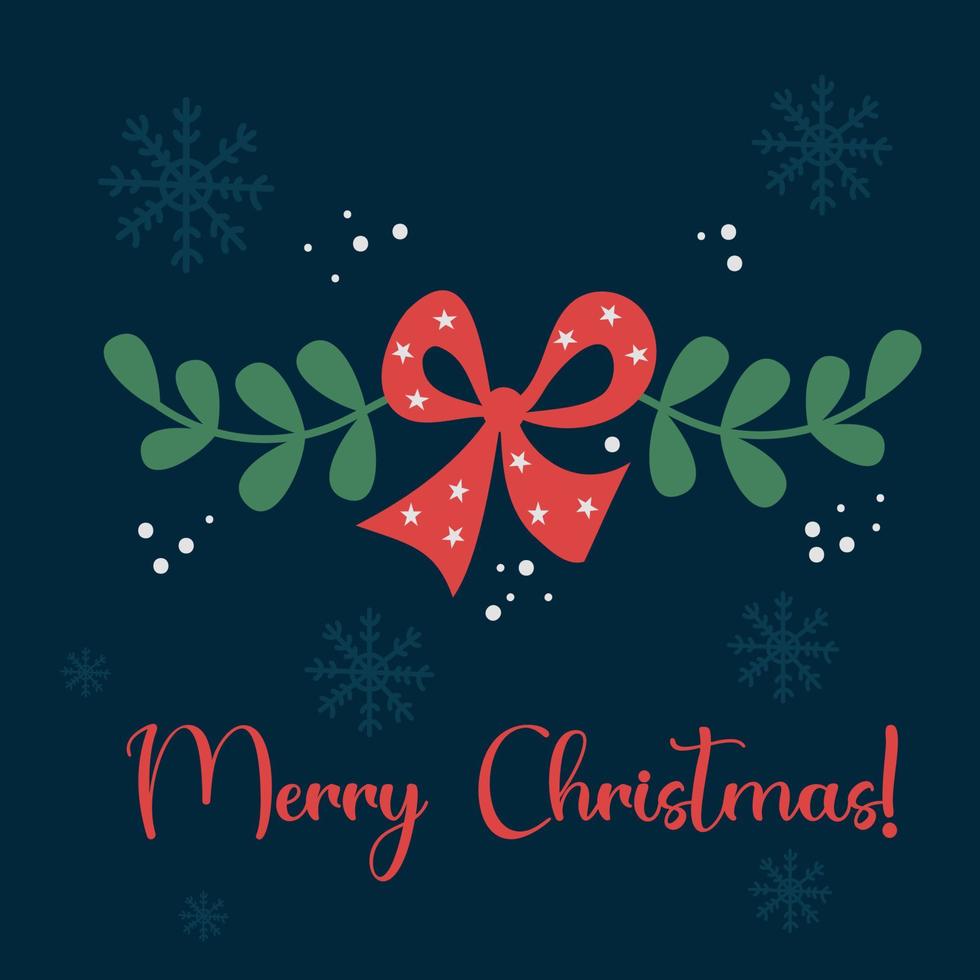 Merry Christmas greeting card. vector illustration. Winter theme postcard template. red bow with branches and snowflakes on blue background.