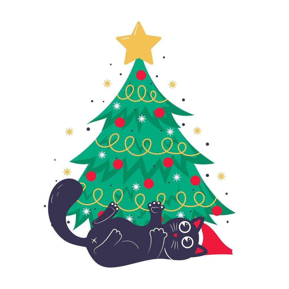 Christmas card, banner or poster template with christmas tree and cute black cat lying under it and playing vector