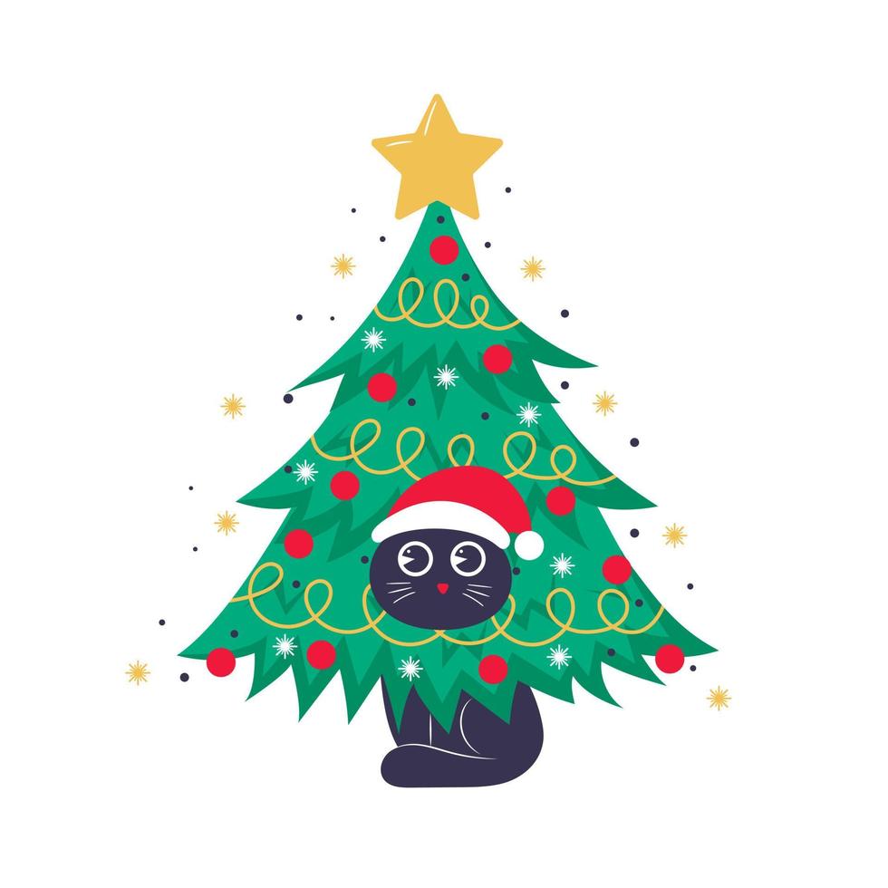 Template for christmas card, banner or poster with christmas tree and cute black cat hiding in it vector