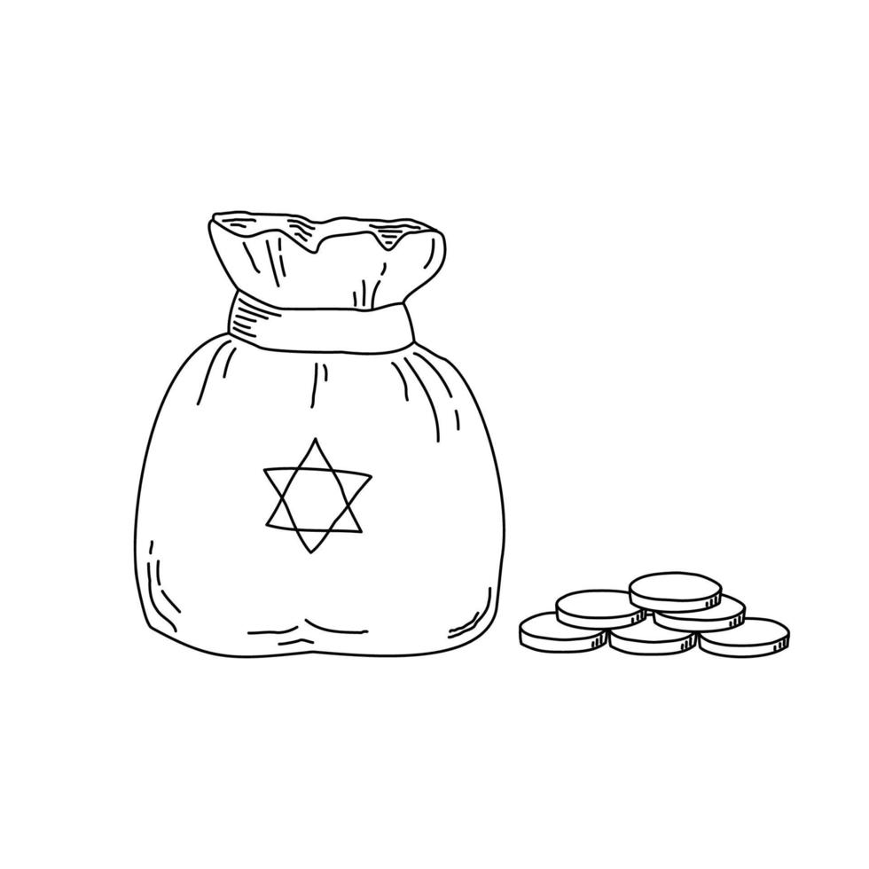 A hand-drawn bag of coins on a white background. Vector doodle illustration. The traditional symbol of the Hanukkah holiday