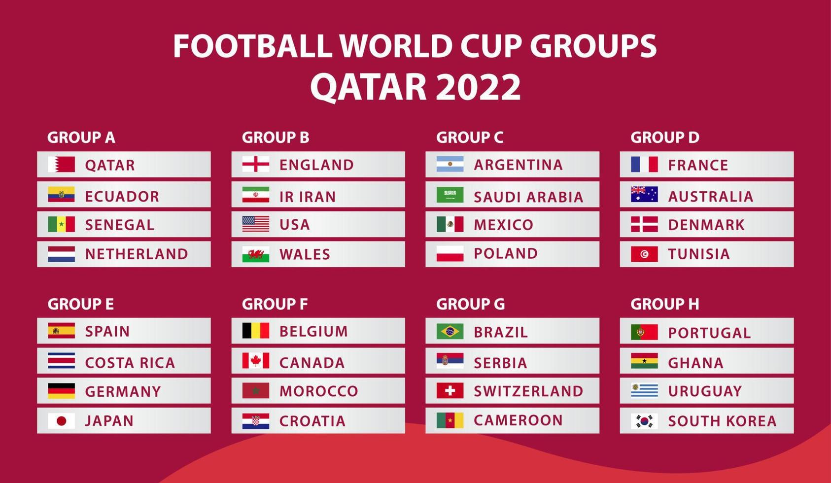 FIFA Copa del Mundo. copa del mundo 2022. plantilla de calendario de partidos. tabla de resultados de fútbol, banderas de países del mundo. ilustración vectorial vector