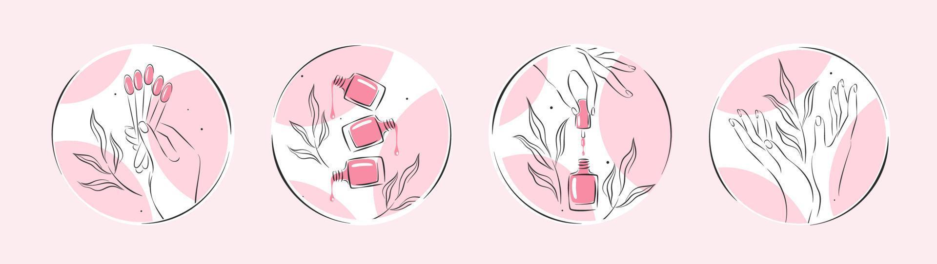 Set of icons for nail studio. Nail polish, nail brush, manicured female hands. Vector illustrations