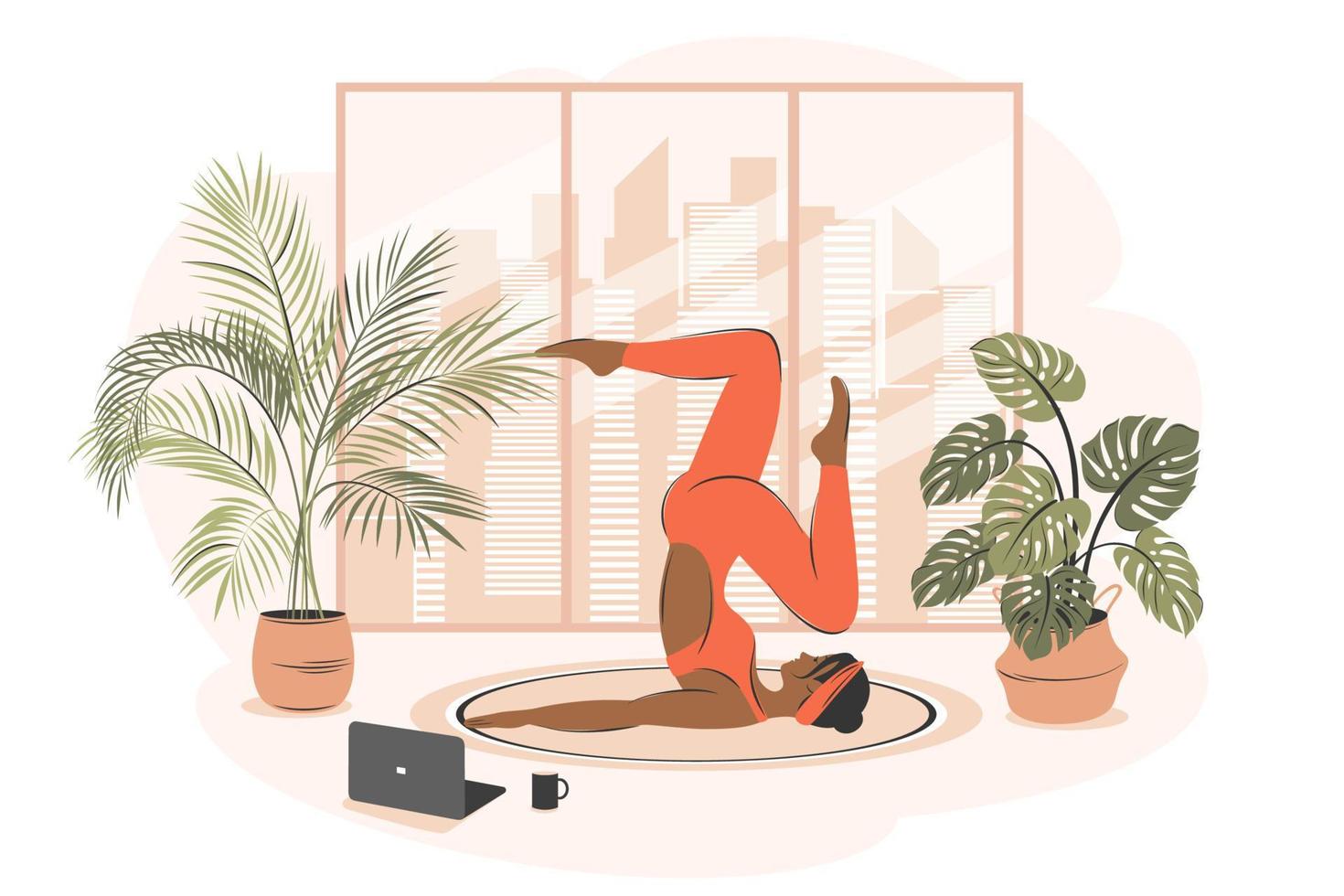 African-american woman doing yoga exercises and stretching. Girl watching online courses  on laptop. Female character practicing in yoga studio or home. Flat vector illustration.