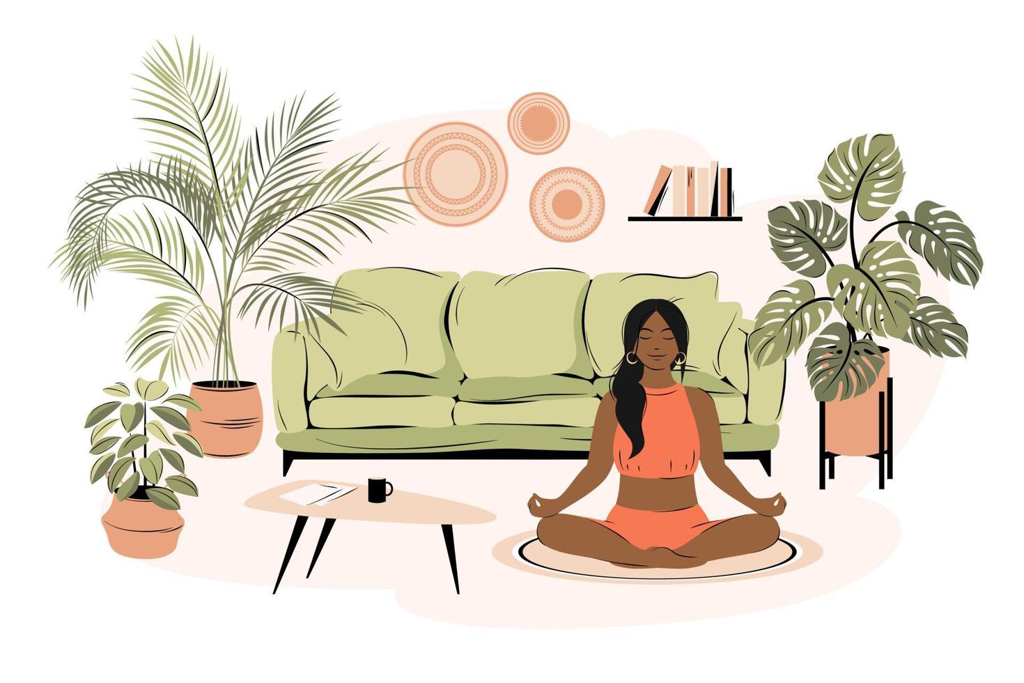 joven afroamericana sentada con las piernas cruzadas en su casa, practicando yoga y disfrutando de la meditación. concepto de yoga, relajación, recreación, estilo de vida saludable. ilustración vectorial vector