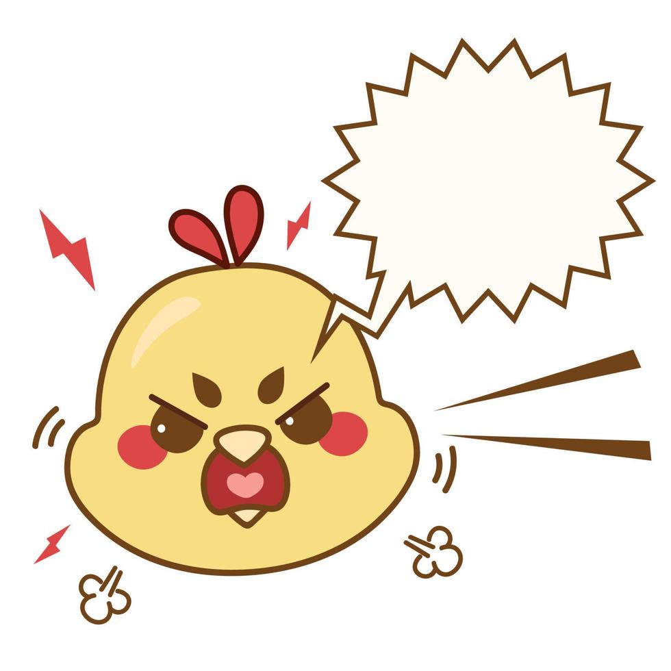 pollo enojado cabeza de pájaro en estilo de dibujos animados kawaii. animal dibujado a mano con discurso de burbuja. Ilustración de vector de pollito aislado sobre fondo blanco.