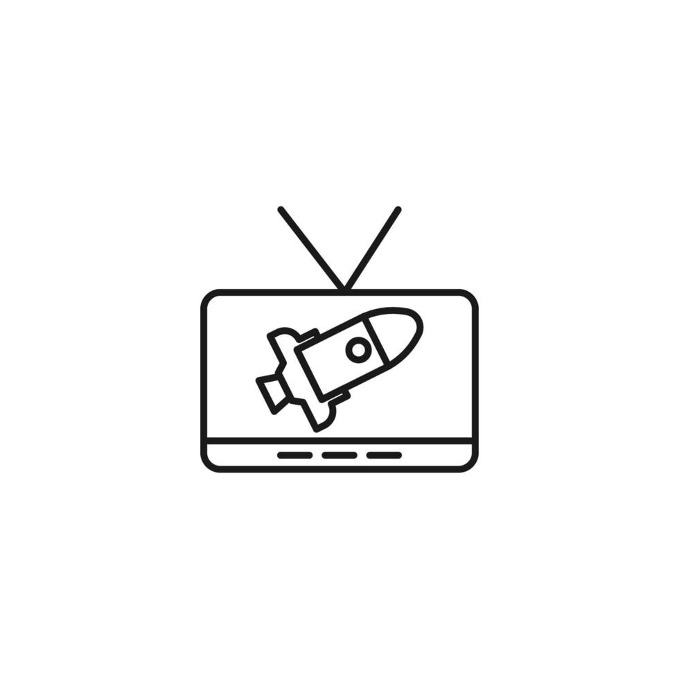 Television, tv set, tv show concept. Vector sign drawn in flat style. Suitable for sites, articles, books, apps. Editable stroke. Line icon of rocket on tv screen